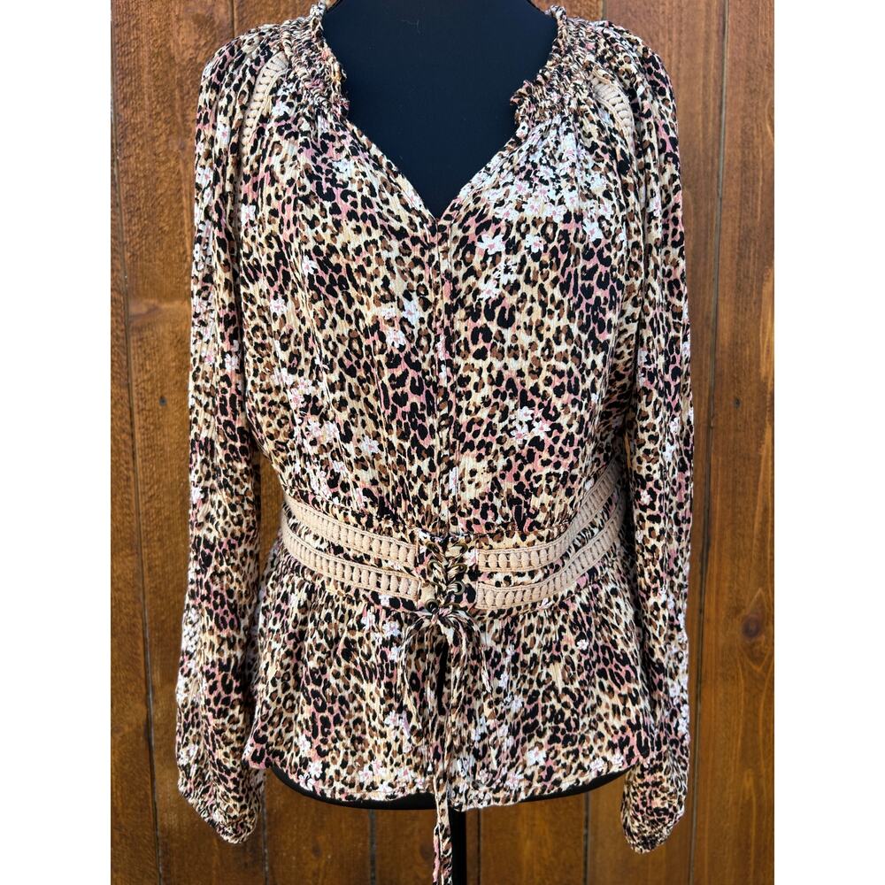 American Rag Animal Print Blouse With Ruffles and Tie Waist Detail - Sz. L